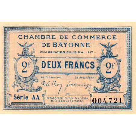 Bayonne - Pirot 21-52 - 2 francs - Série AA - 19/05/1917 - Etat : SUP