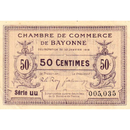 Bayonne - Pirot 21-55 - 50 centimes - Série uu - 30/01/1918 - Etat : SUP