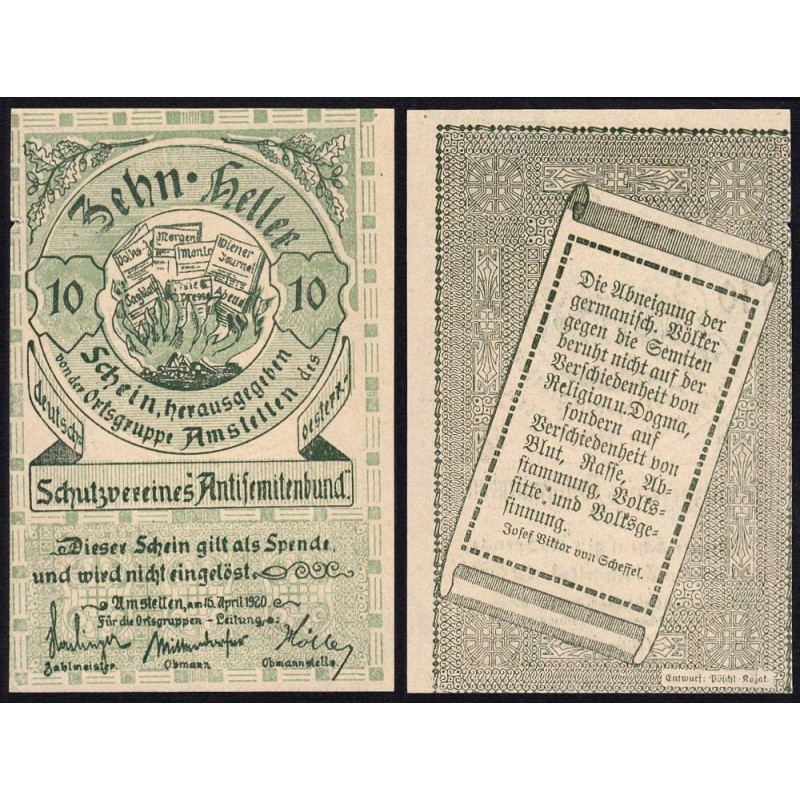 Autriche - Notgeld - Amstetten - 10 heller - 16/04/1920 - Etat : SUP+