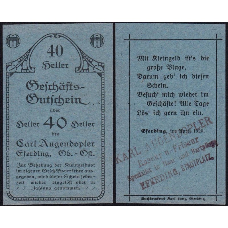 Autriche - Notgeld - Eferding - 40 heller - 1920 - Etat : SPL+