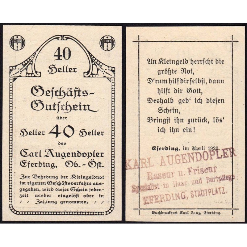 Autriche - Notgeld - Eferding - 40 heller - 1920 - Etat : SPL+