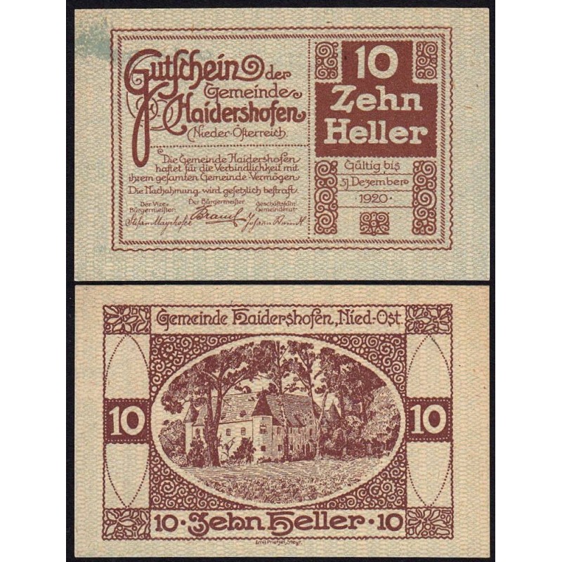 Autriche - Notgeld - Haidershofen - 10 heller - 1920 - Etat : NEUF