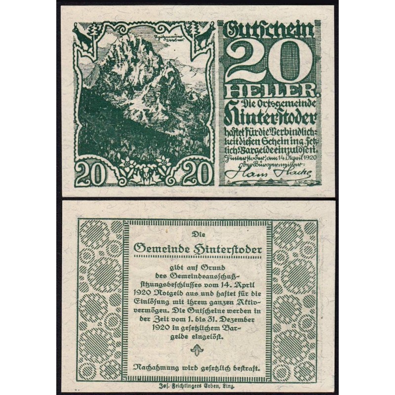 Autriche - Notgeld - Hinterstoder - 20 heller - Type f - 14/04/1920 - Etat : NEUF