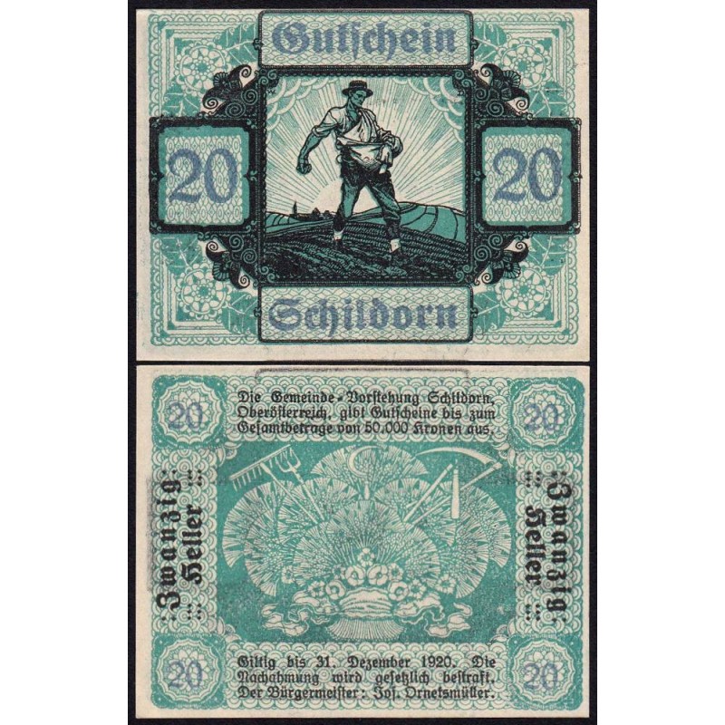Autriche - Notgeld - Schildorn - 20 heller - Type c - 1920 - Etat : NEUF