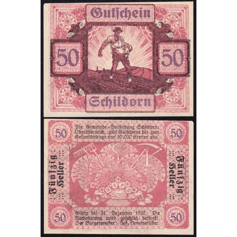 Autriche - Notgeld - Schildorn - 50 heller - Type c - 1920 - Etat : NEUF