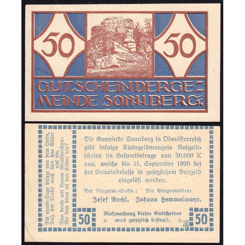 Autriche - Notgeld - Sonnberg - 50 heller - Type a - 1920 - Etat : NEUF