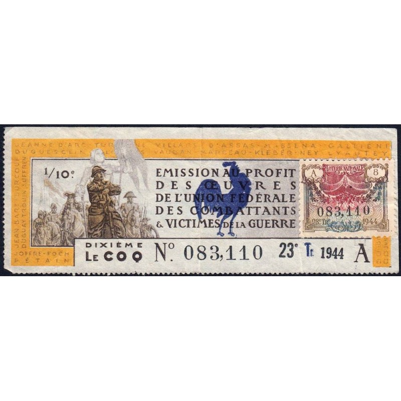 1946 - Loterie Nationale - 23e tranche A - 1/10ème - Union Fédérale des Combat. - Etat : TB+