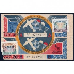 1947 - Loterie Nat. - 26e tranche - Double 1/10ème - Ass. des Aviateurs de la Résist. - Etat : TTB