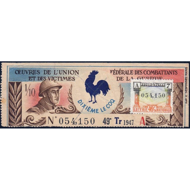1946 - Loterie Nationale - 49e tranche A - 1/10ème - Union Fédérale des Combat. - Etat : TTB