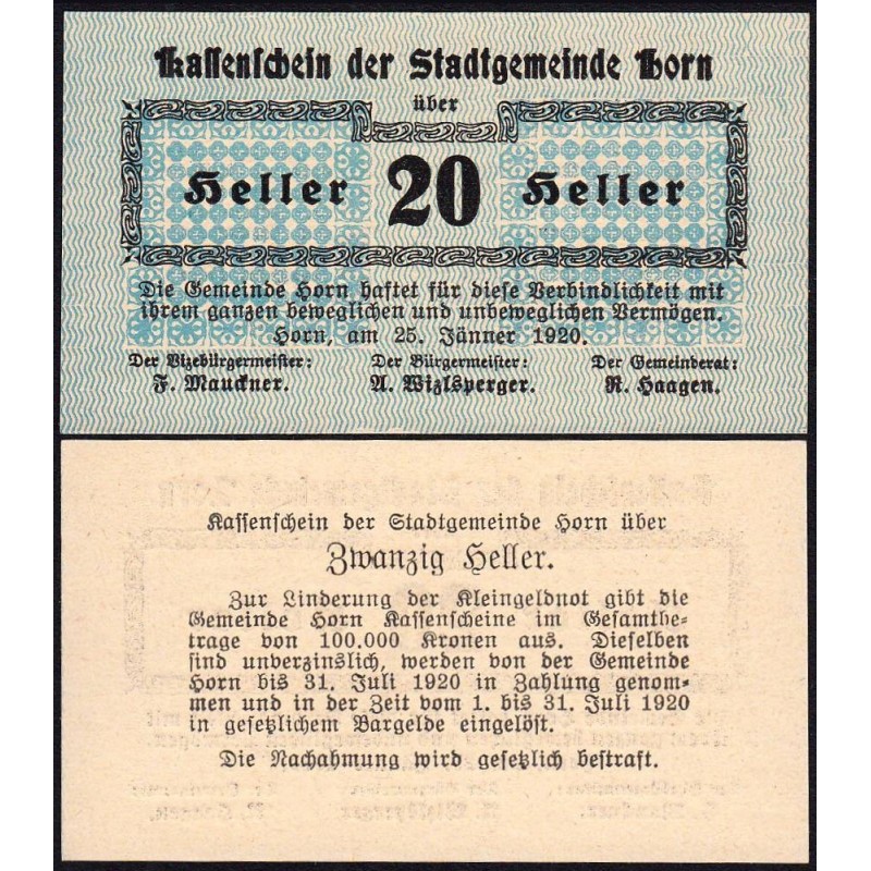 Autriche - Notgeld - Horn - 20 heller - 25/01/1920 - Etat : NEUF