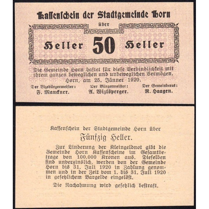 Autriche - Notgeld - Horn - 50 heller - 25/01/1920 - Etat : NEUF