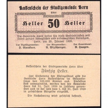 Autriche - Notgeld - Horn - 50 heller - 25/01/1920 - Etat : NEUF