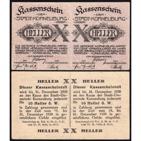 Autriche - Notgeld - Korneuburg - 2 x 10 heller - Type a - 03/1920 - Etat : SUP