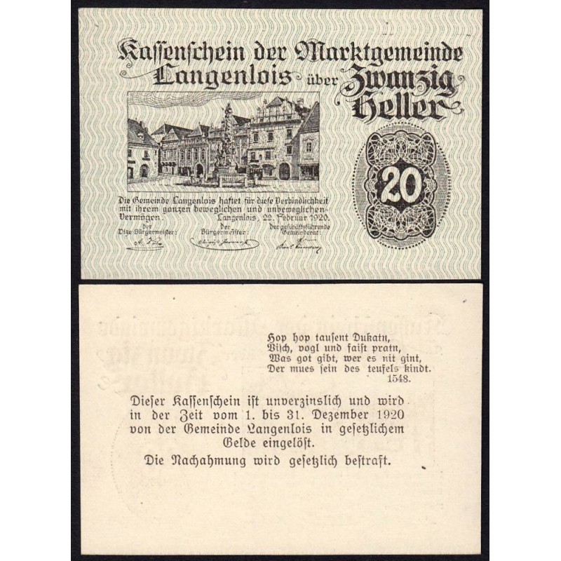 Autriche - Notgeld - Langenlois - 20 heller - Type f - 22/02/1920 - Etat : NEUF