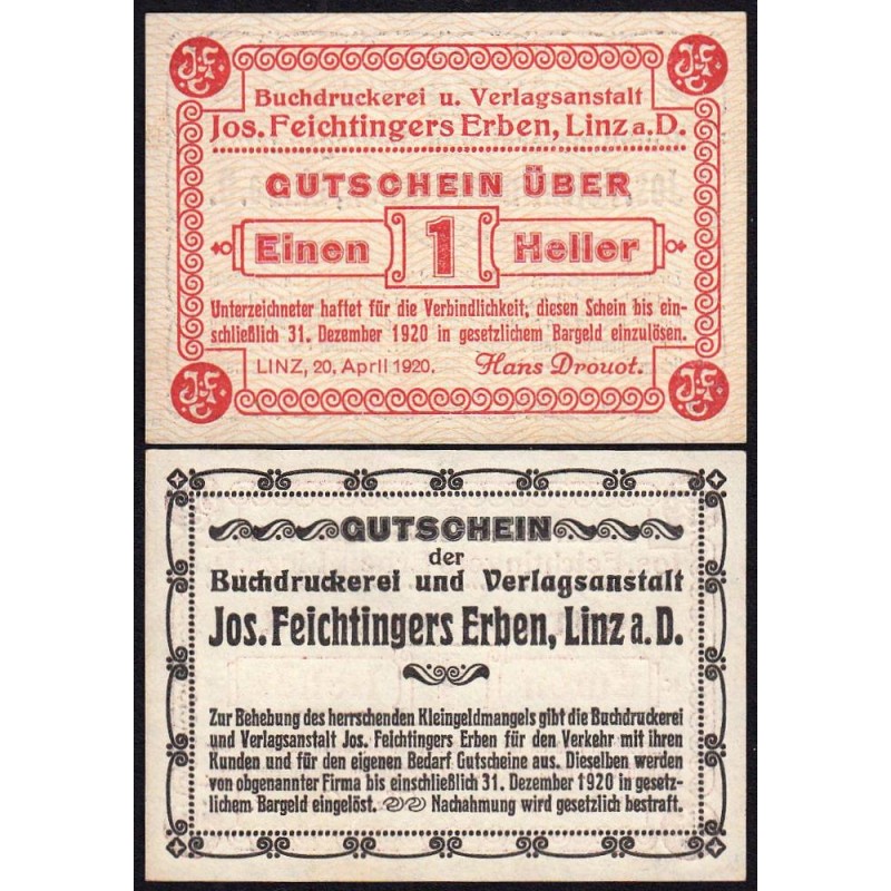Autriche - Notgeld - Linz - 1 heller - 20/04/1920 - Etat : NEUF