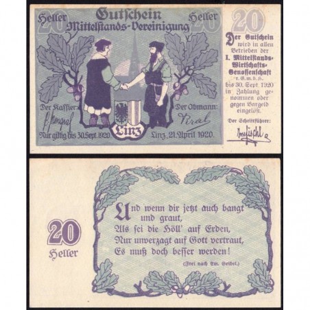 Autriche - Notgeld - Linz - 20 heller - 21/04/1920 - Etat : SPL