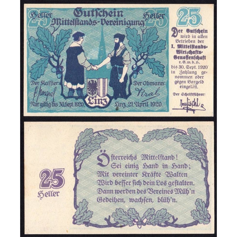 Autriche - Notgeld - Linz - 25 heller - 21/04/1920 - Etat : NEUF