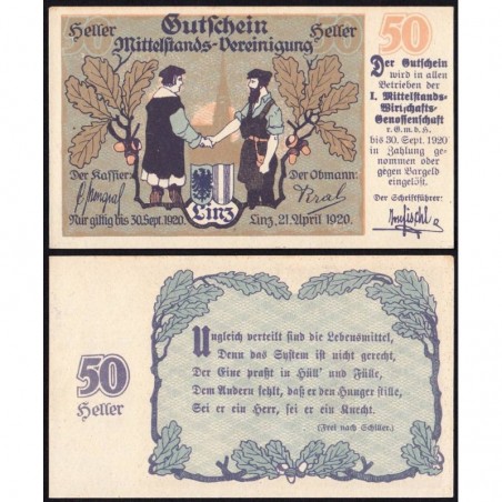 Autriche - Notgeld - Linz - 50 heller - 21/04/1920 - Etat : pr.NEUF