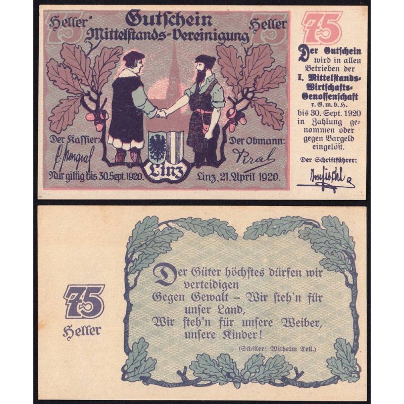 Autriche - Notgeld - Linz - 75 heller - 21/04/1920 - Etat : NEUF