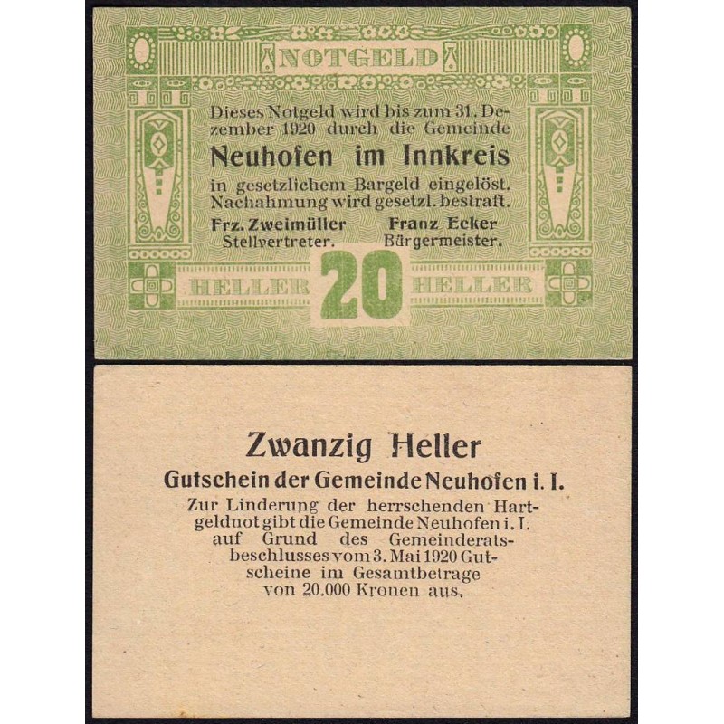 Autriche - Notgeld - Neuhofen-im-Innkreis - 20 heller - Type 3 - 03/05/1920 - Etat : NEUF
