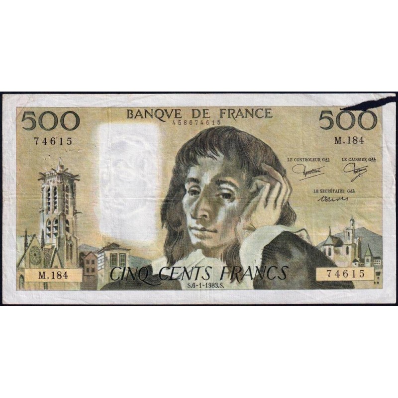 F 71-28 - 06/01/1983 - 500 francs - Pascal - Série M.184 - Etat : B+