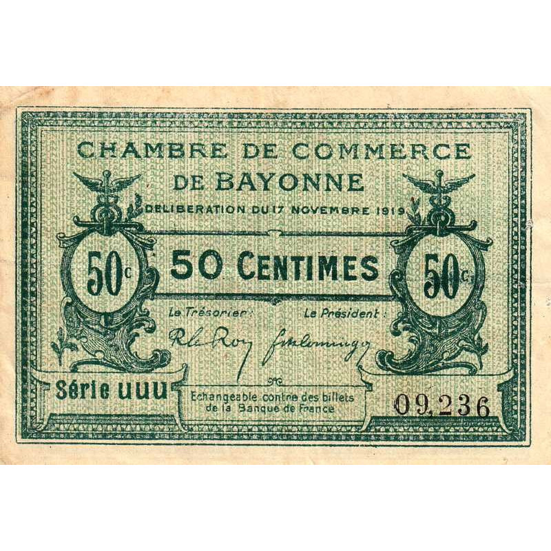 Bayonne - Pirot 21-61 - 50 centimes - Série uuu - 17/11/1919 - Etat : TTB-