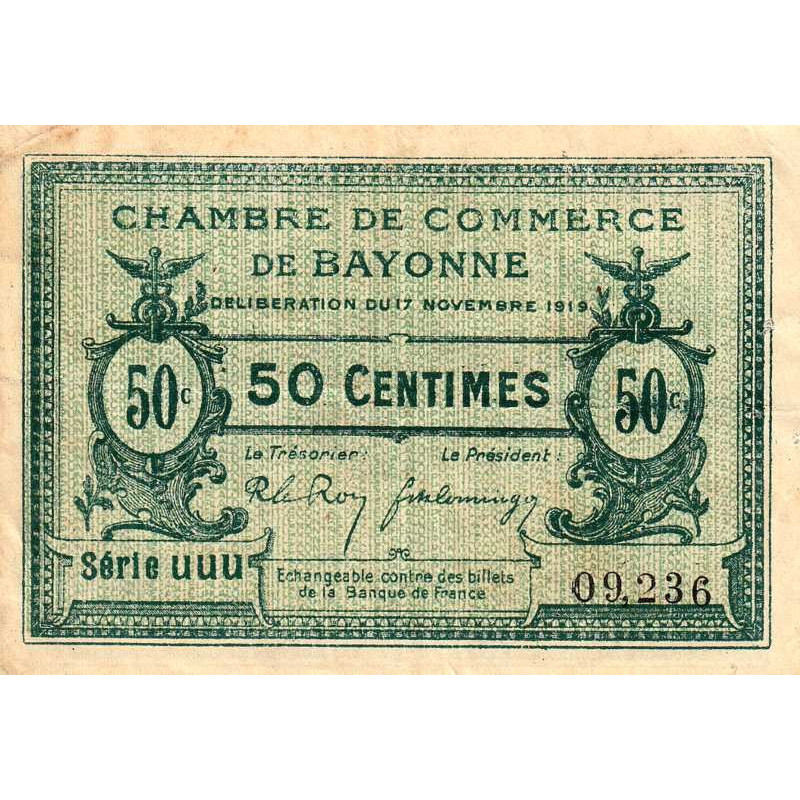 Bayonne - Pirot 21-61 - 50 centimes - Série uuu - 17/11/1919 - Etat : TTB-