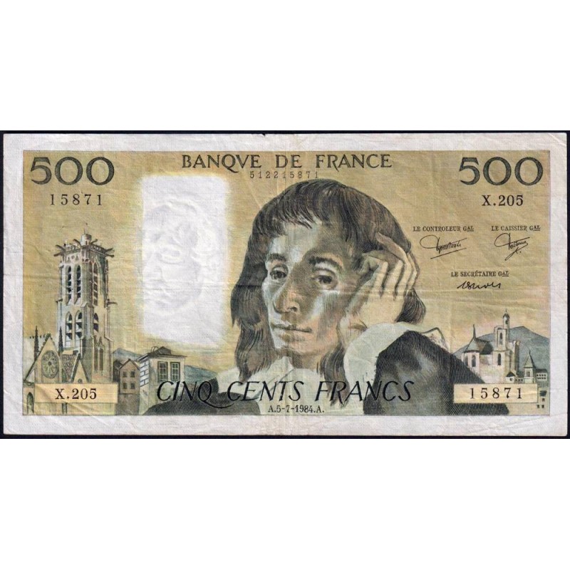 F 71-31 - 05/07/1984 - 500 francs - Pascal - Série X.205 - Etat : TB