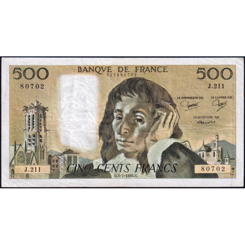 F 71-31 - 05/07/1984 - 500 francs - Pascal - Série J.211 - Etat : B+