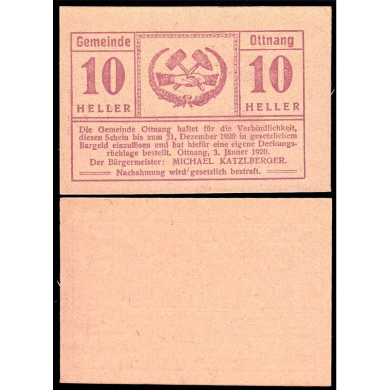 Autriche - Notgeld - Ottnang - 10 heller - 03/01/1920 - Etat : NEUF