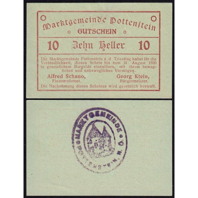 Autriche - Notgeld - Pottenstein - 10 heller - 05/1920 - Etat : pr.NEUF