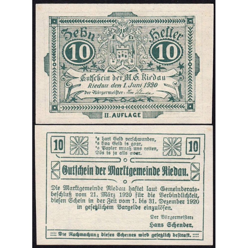 Autriche - Notgeld - Riedau - 10 heller - 21/03/1920 - Etat : NEUF