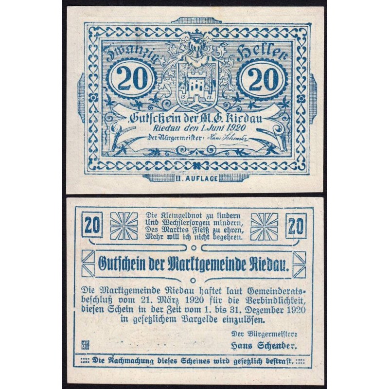 Autriche - Notgeld - Riedau - 20 heller - 21/03/1920 - Etat : NEUF