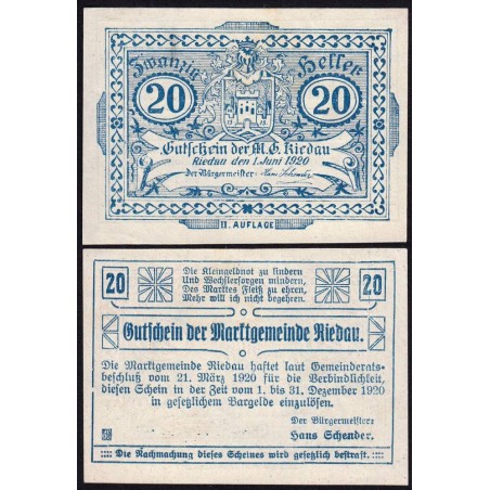 Autriche - Notgeld - Riedau - 20 heller - 21/03/1920 - Etat : NEUF