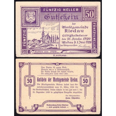 Autriche - Notgeld - Riedau - 50 heller - 21/03/1920 - Etat : TTB