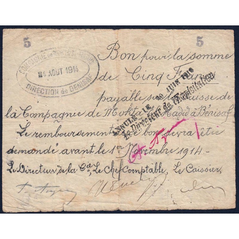 Algérie - Béni-Saf 6 - 5 francs annulé - 04/08/1914 - Etat : TB