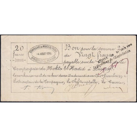 Algérie - Béni-Saf 7 - 20 francs annulé - 04/08/1914 - Etat : TTB+ à SUP