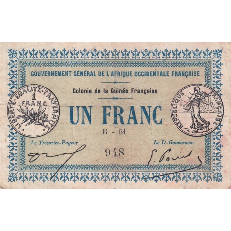 Colonie de la Guinée Française - Pick 2a_2 - 1 franc - Série B-51 - 11/02/1917 - Etat : TB+