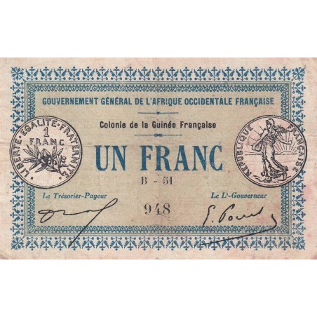 Colonie de la Guinée Française - Pick 2a_2 - 1 franc - Série B-51 - 11/02/1917 - Etat : TB+