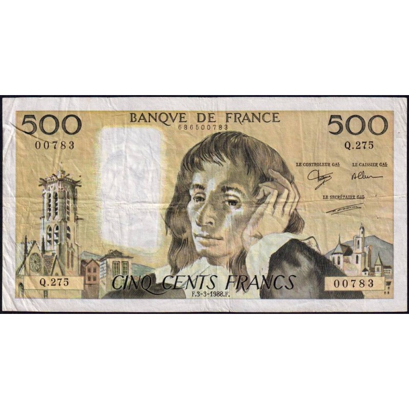 F 71-38 - 03/03/1988 - 500 francs - Pascal - Série Q.275 - Etat : TB-