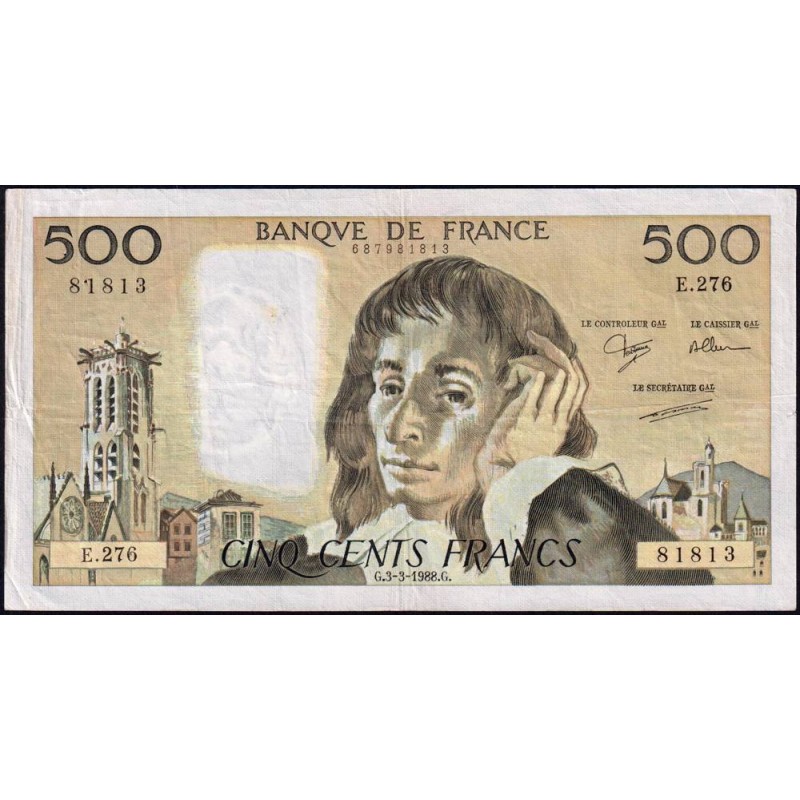 F 71-38 - 03/03/1988 - 500 francs - Pascal - Série E.276 - Etat : TB+