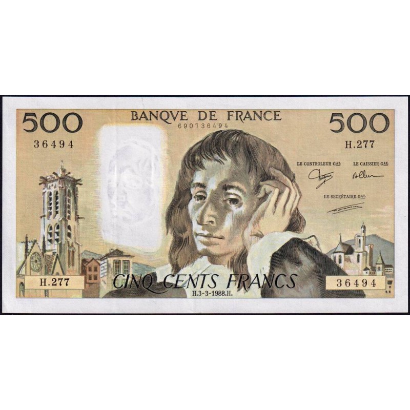 F 71-38 - 03/03/1988 - 500 francs - Pascal - Série H.277 - Etat : SUP