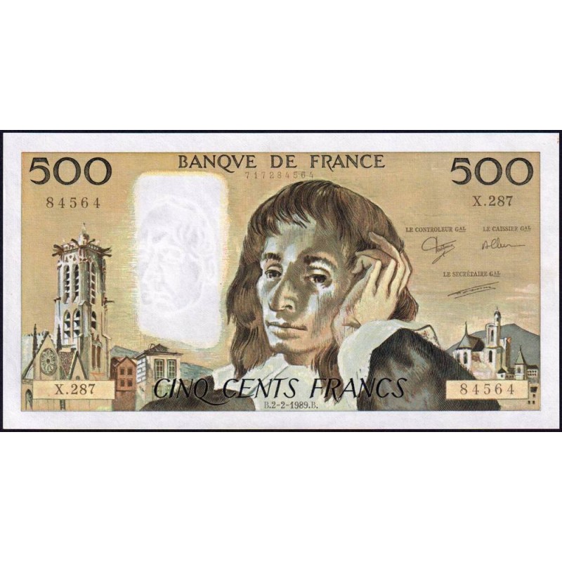 F 71-40 - 02/02/1989 - 500 francs - Pascal - Série X.287 - Etat : SPL+