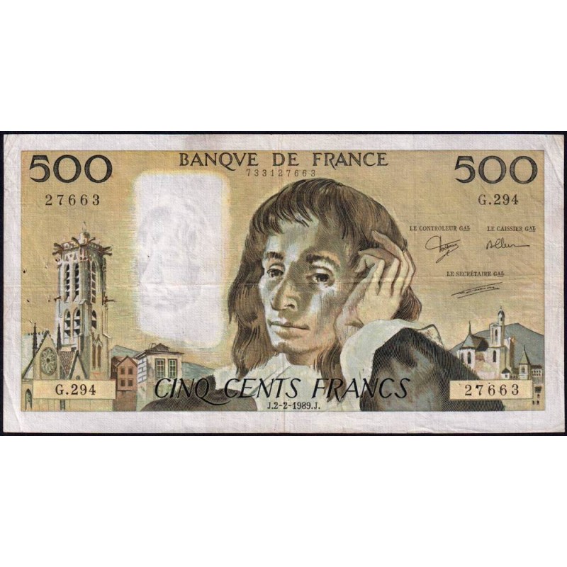 F 71-40 - 02/02/1989 - 500 francs - Pascal - Série G.294 - Etat : TB