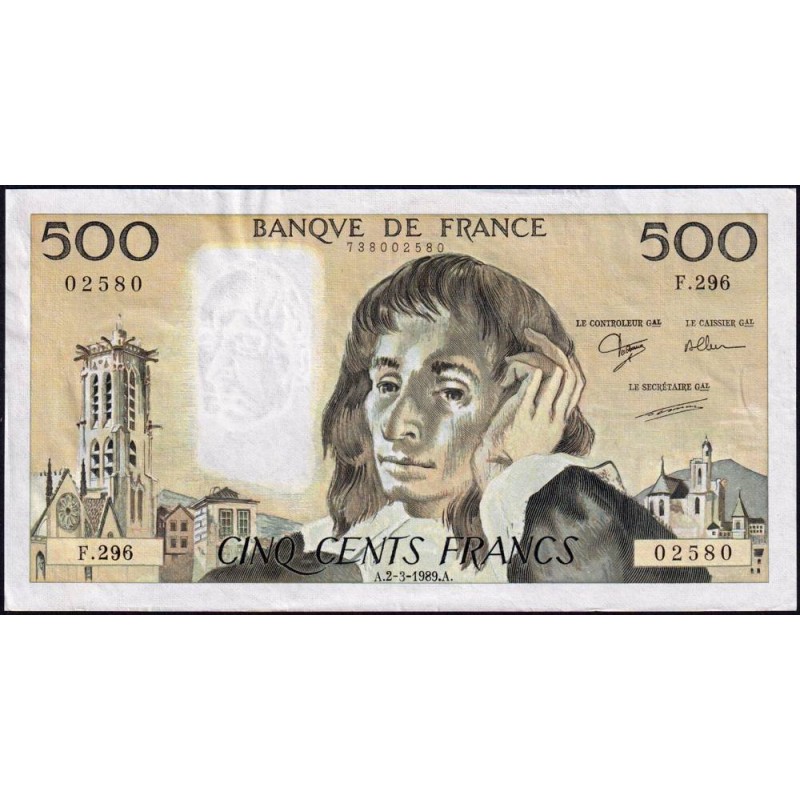 F 71-41 - 02/02/1989 - 500 francs - Pascal - Série F.296 - Etat : TTB-