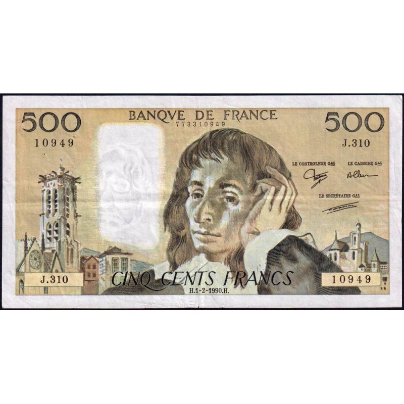 F 71-43 - 01/02/1990 - 500 francs - Pascal - Série J.310 - Etat : TB+