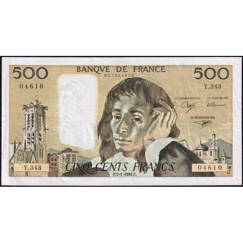 F 71-46 - 03/01/1991 - 500 francs - Pascal - Série Y.343 - Etat : TB+