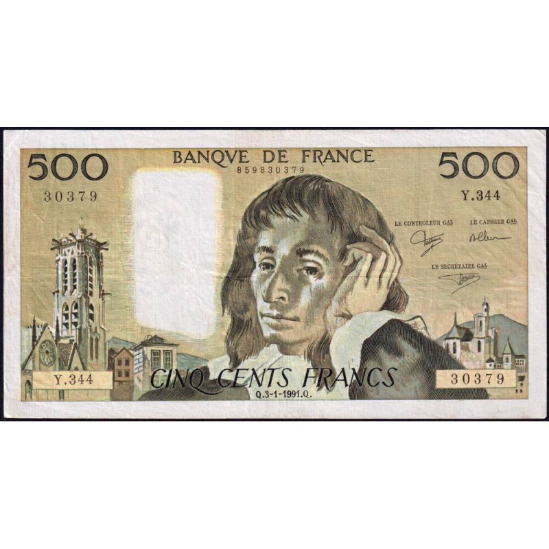 F 71-46 - 03/01/1991 - 500 francs - Pascal - Série Y.344 - Etat : TB+