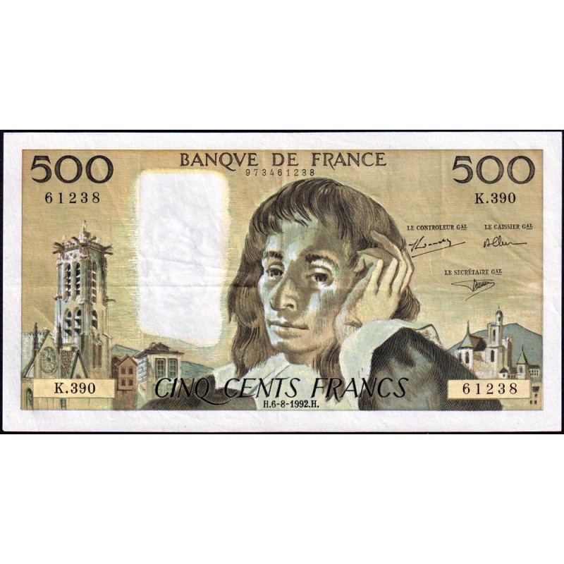 F 71-50 - 06/08/1992 - 500 francs - Pascal - Série K.390 - Etat : TTB-