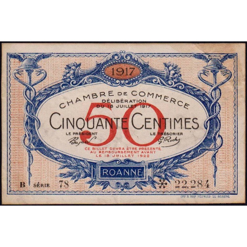 Roanne - Pirot 106-16 - 50 centimes - Série B 78 - 18/07/1917 - Etat : TB+